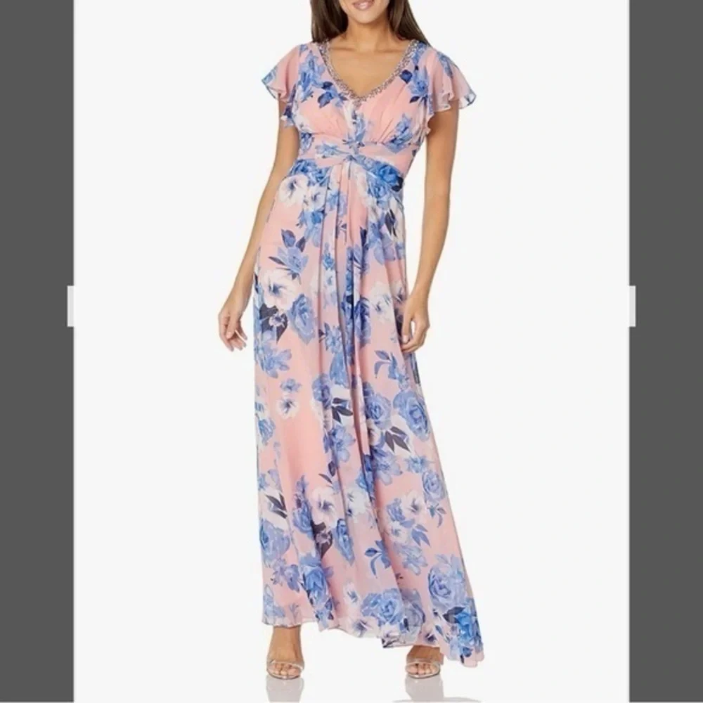 ELIZA J Floral Print Embellished V Neck Flutter Sleeve Gown in Pink Blush - Picture 1 of 7